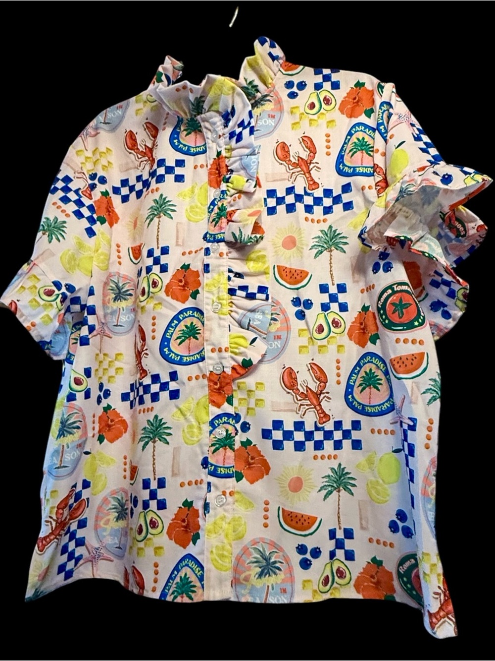 GeeGee Palm Paradise Button Down Ruffle Beach Shirt